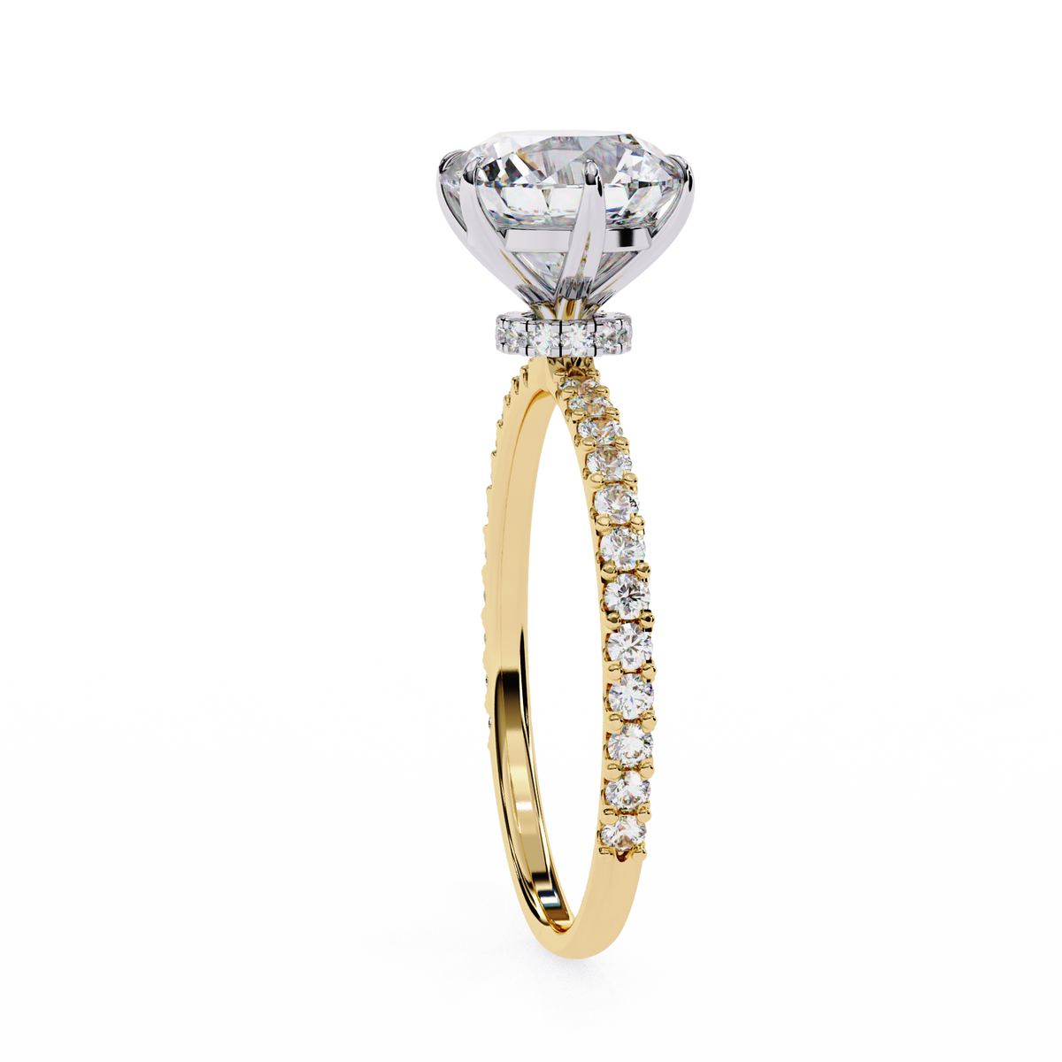 Gold ring with a large diamond and smaller diamonds on the band against a white background