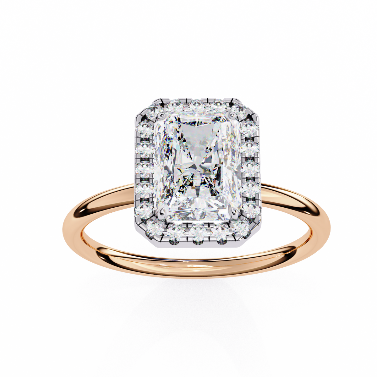 Rose gold ring with a large diamond on a white background