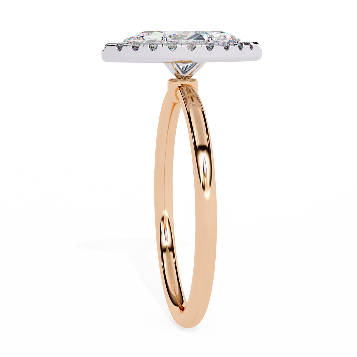 Rose gold ring with a diamond on a white background