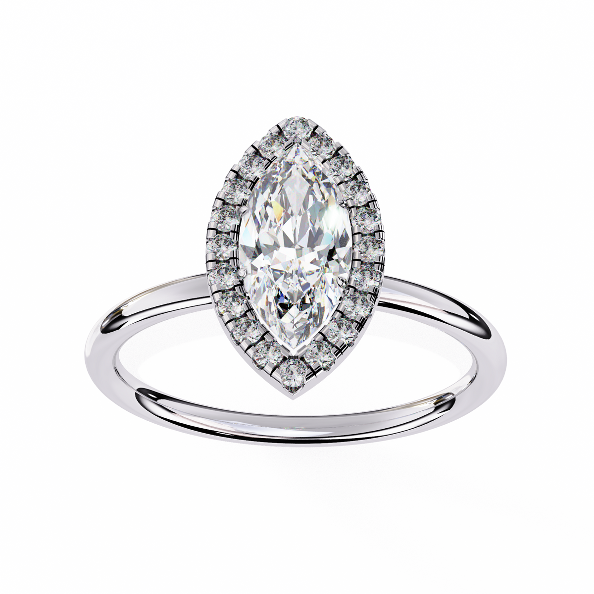 Diamond ring with a pear-shaped center stone and halo on a white background