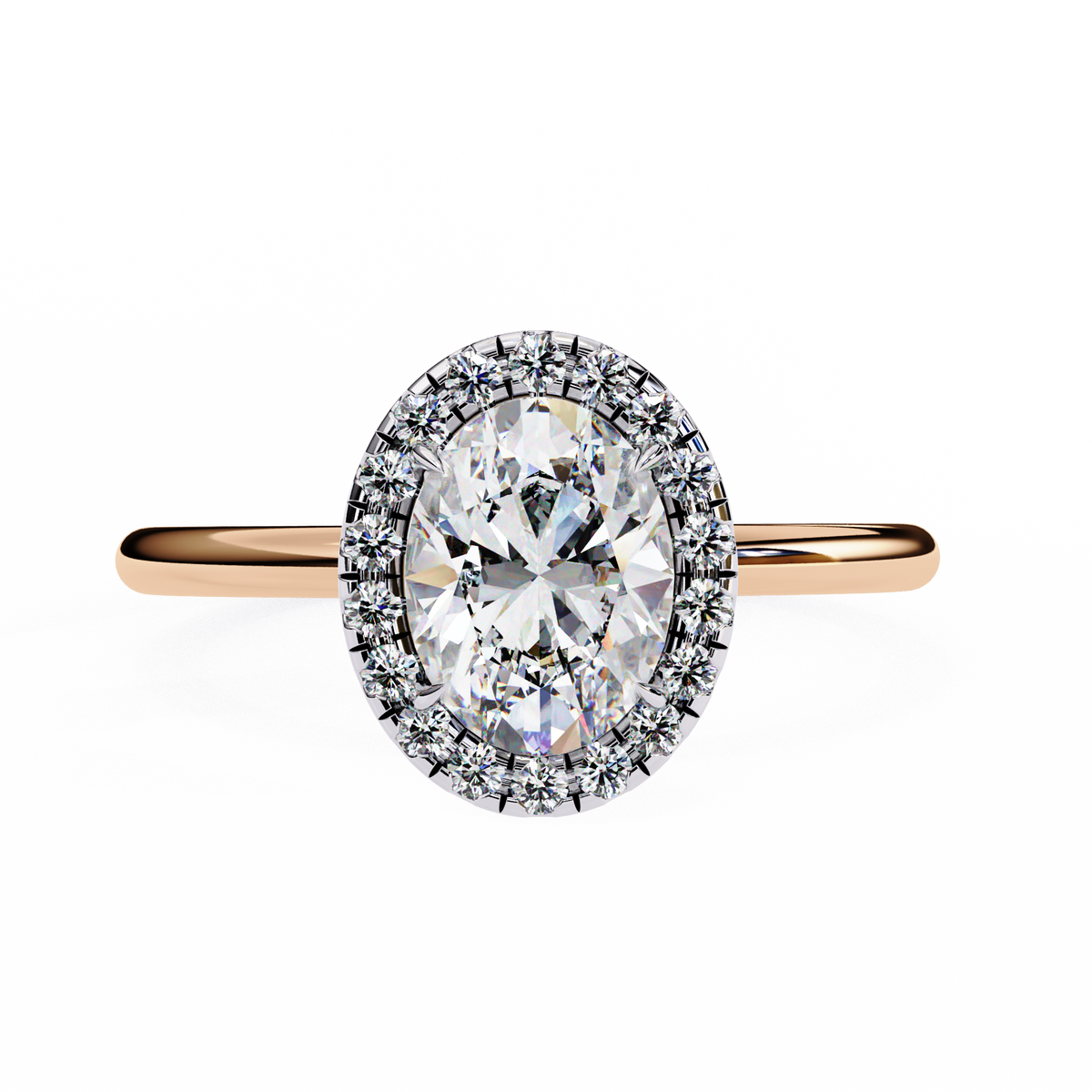 Rose gold ring with a large diamond and smaller diamonds around on a white background