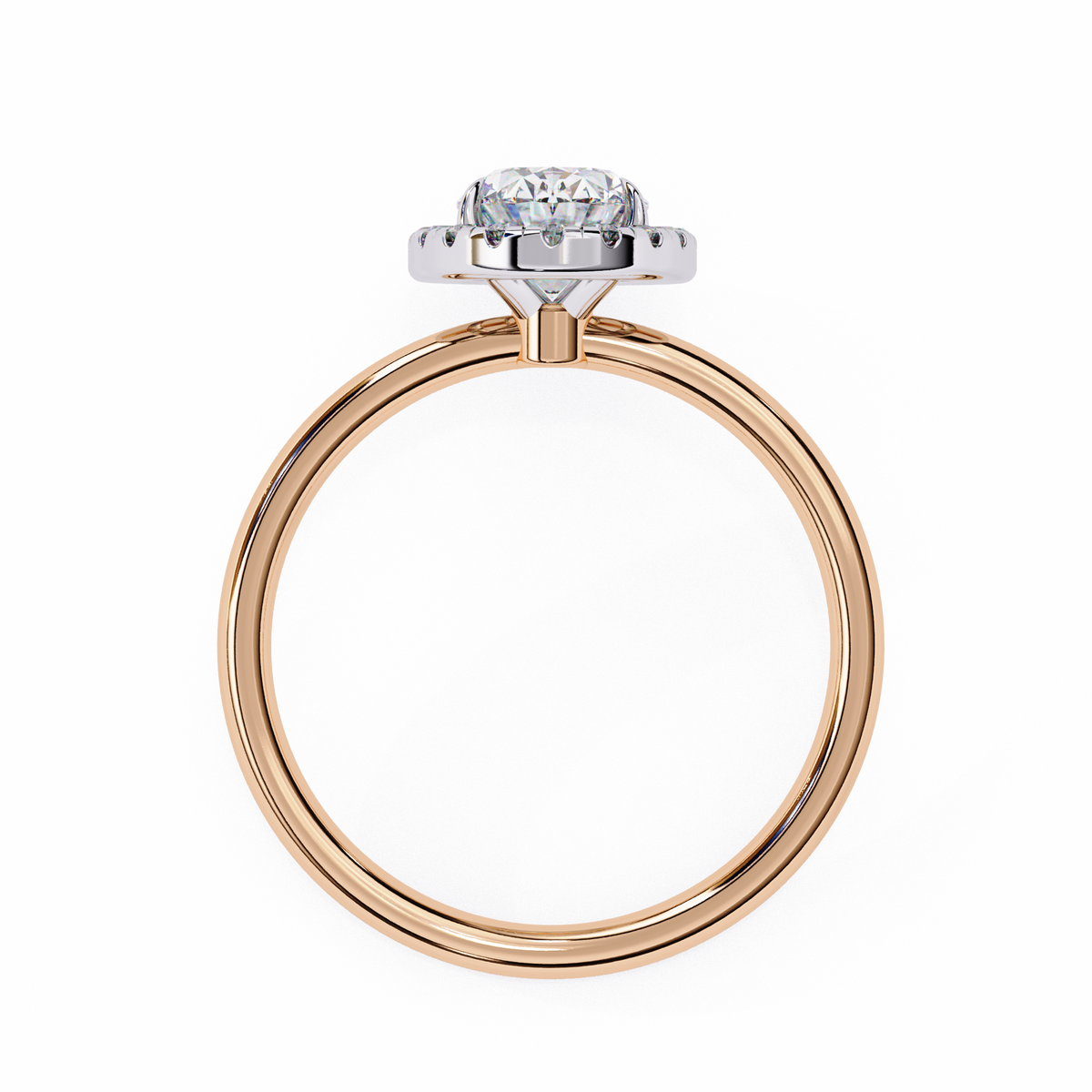 Rose gold ring with a diamond on a white background