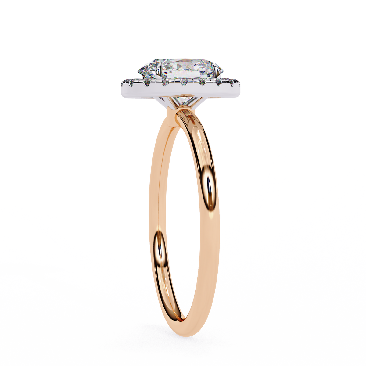Rose gold ring with a diamond on a white background