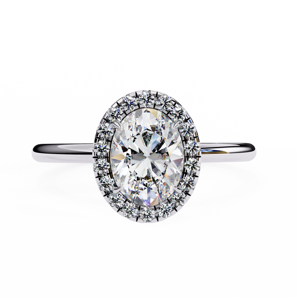 Diamond ring with a halo on a white background