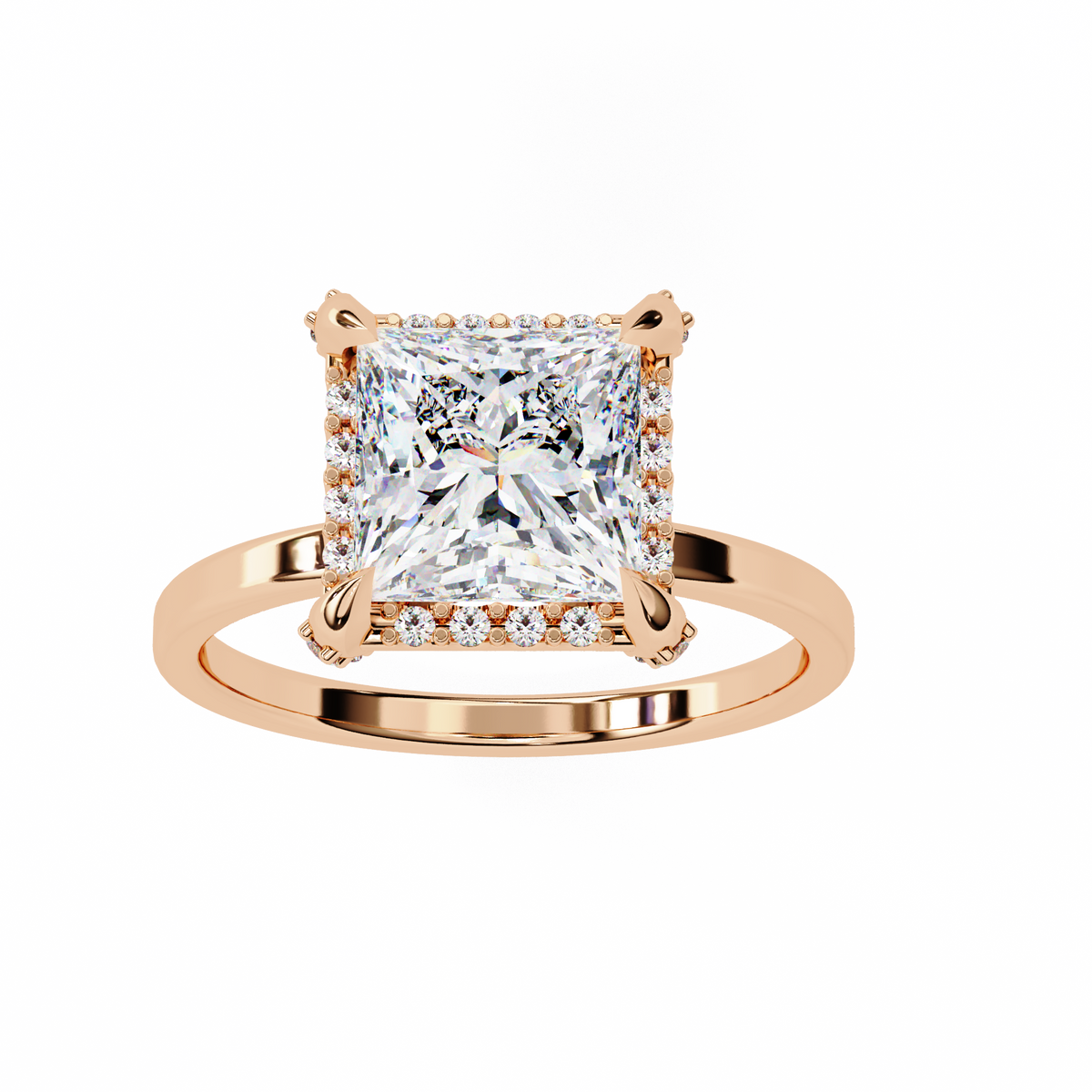 Rose gold ring with a large diamond and smaller diamonds on the band against a white background
