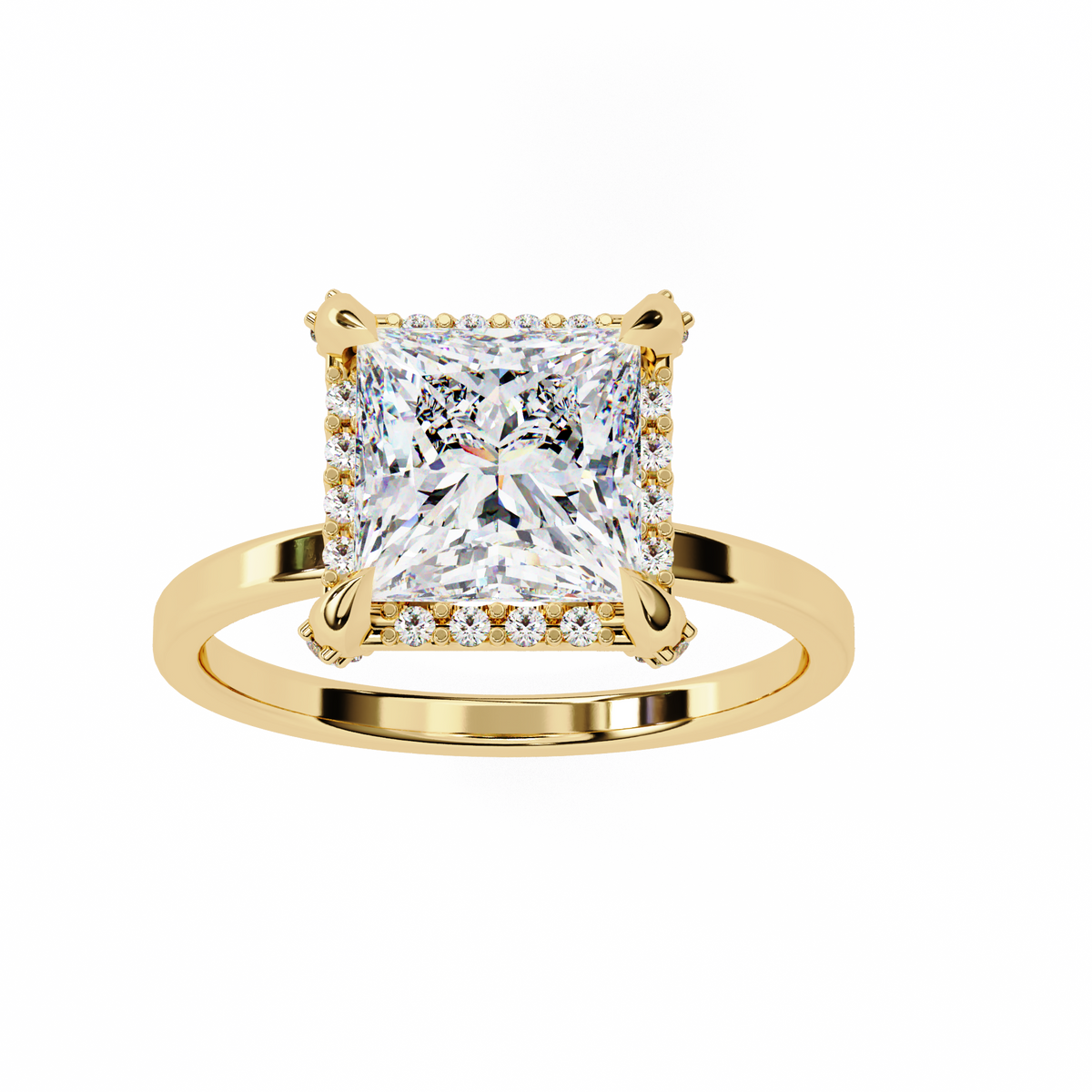 Gold ring with a large square-cut diamond and smaller diamonds on the band against a white background
