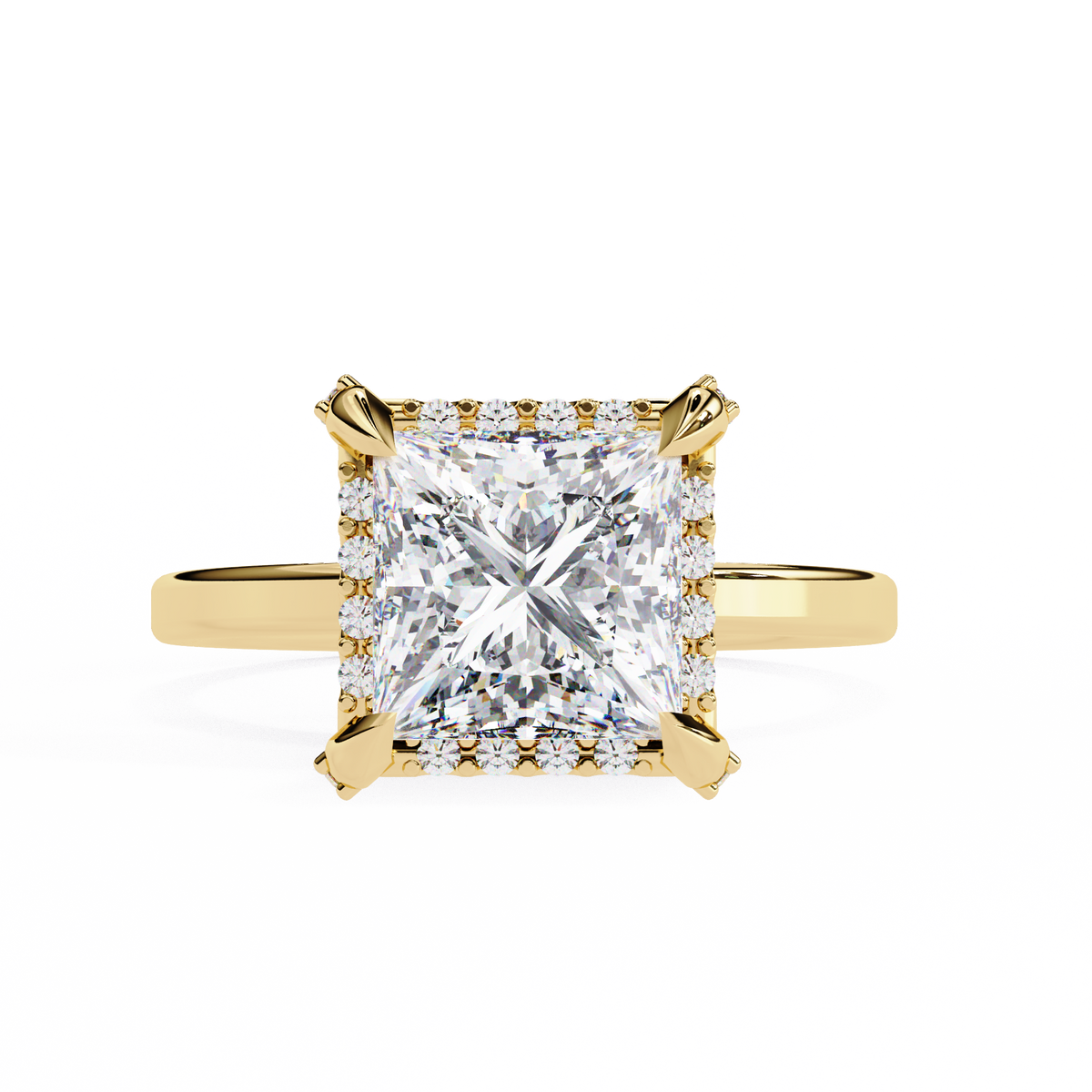 Gold ring with a large diamond on a white background