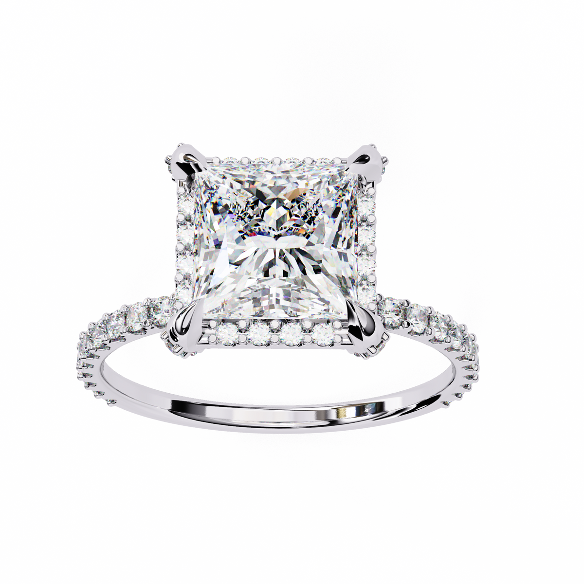 Diamond ring with a prominent central gemstone and smaller stones on a white background