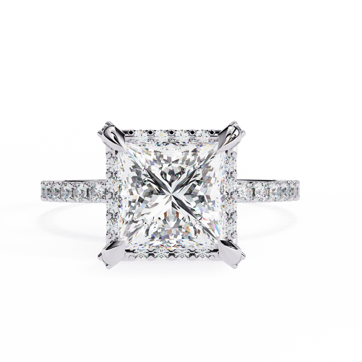 Diamond ring with a large central gemstone and smaller stones on the band against a white background