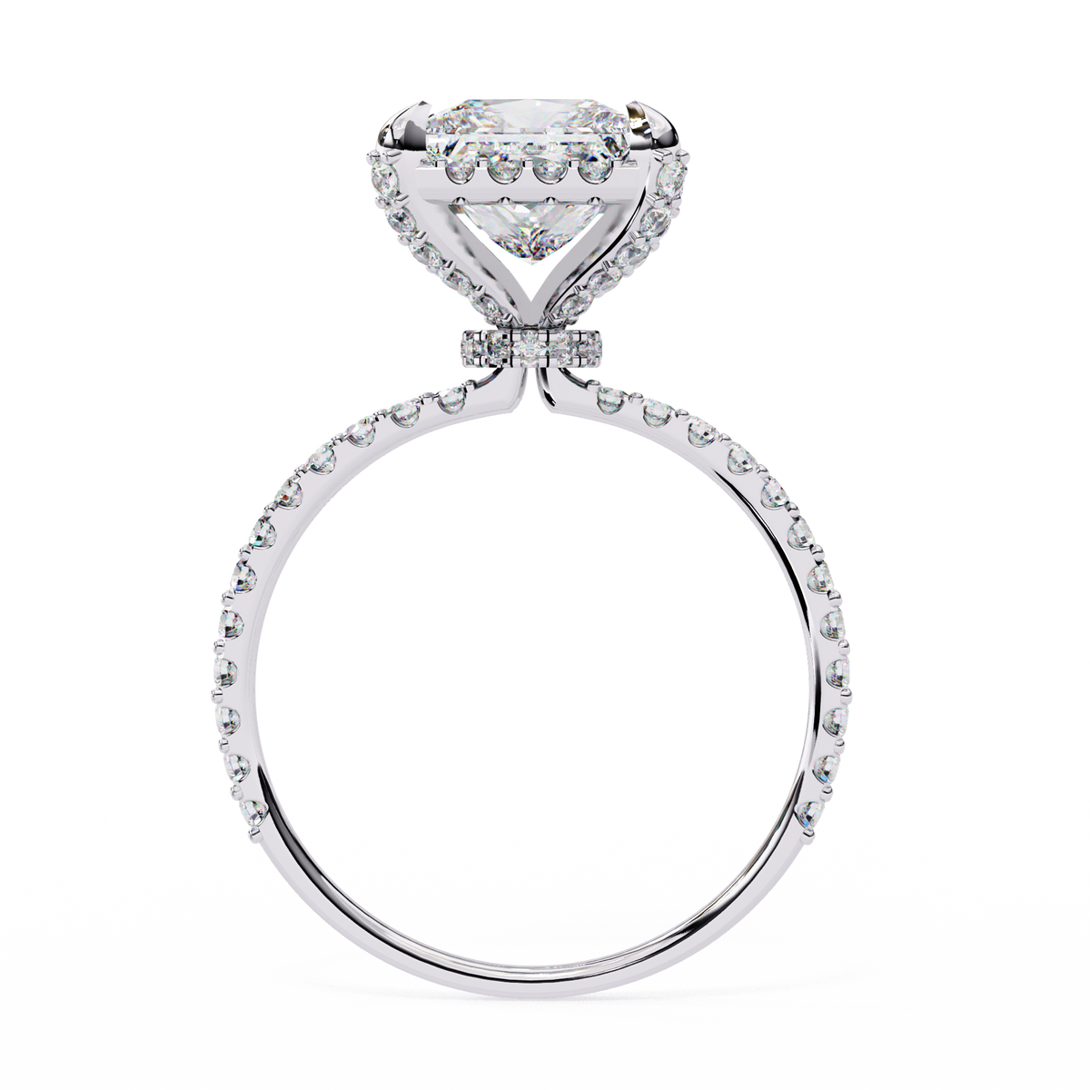 Diamond ring with a heart-shaped center stone on a white background