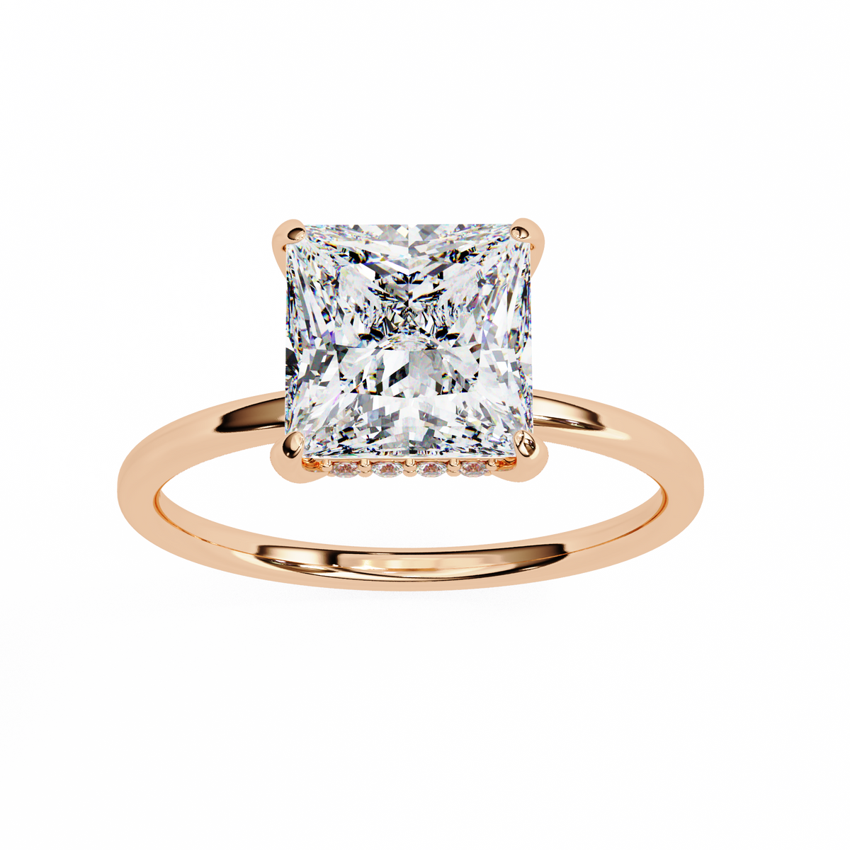 Rose gold ring with a large square-cut diamond on a white background