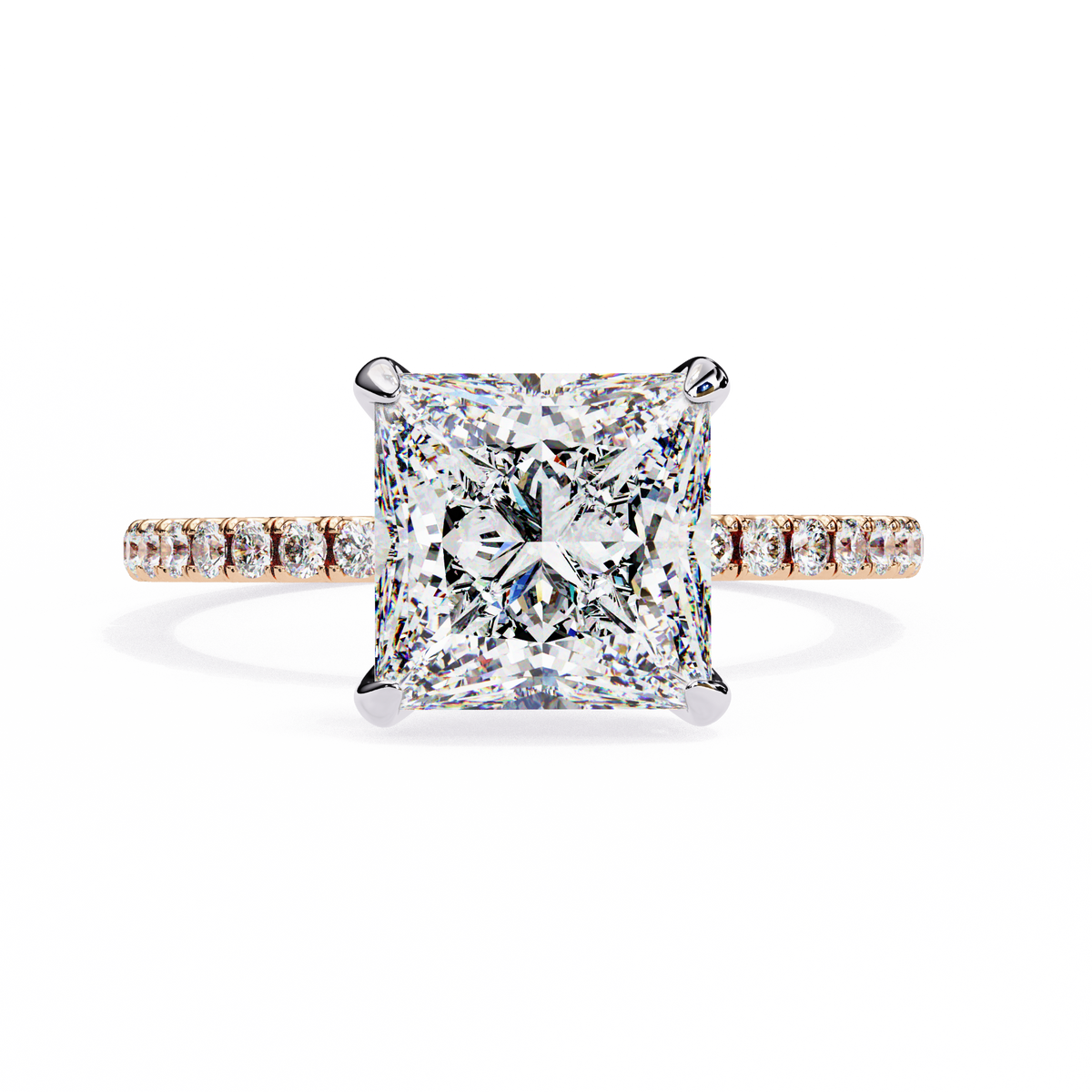 Diamond ring with a square-cut center stone on a white background