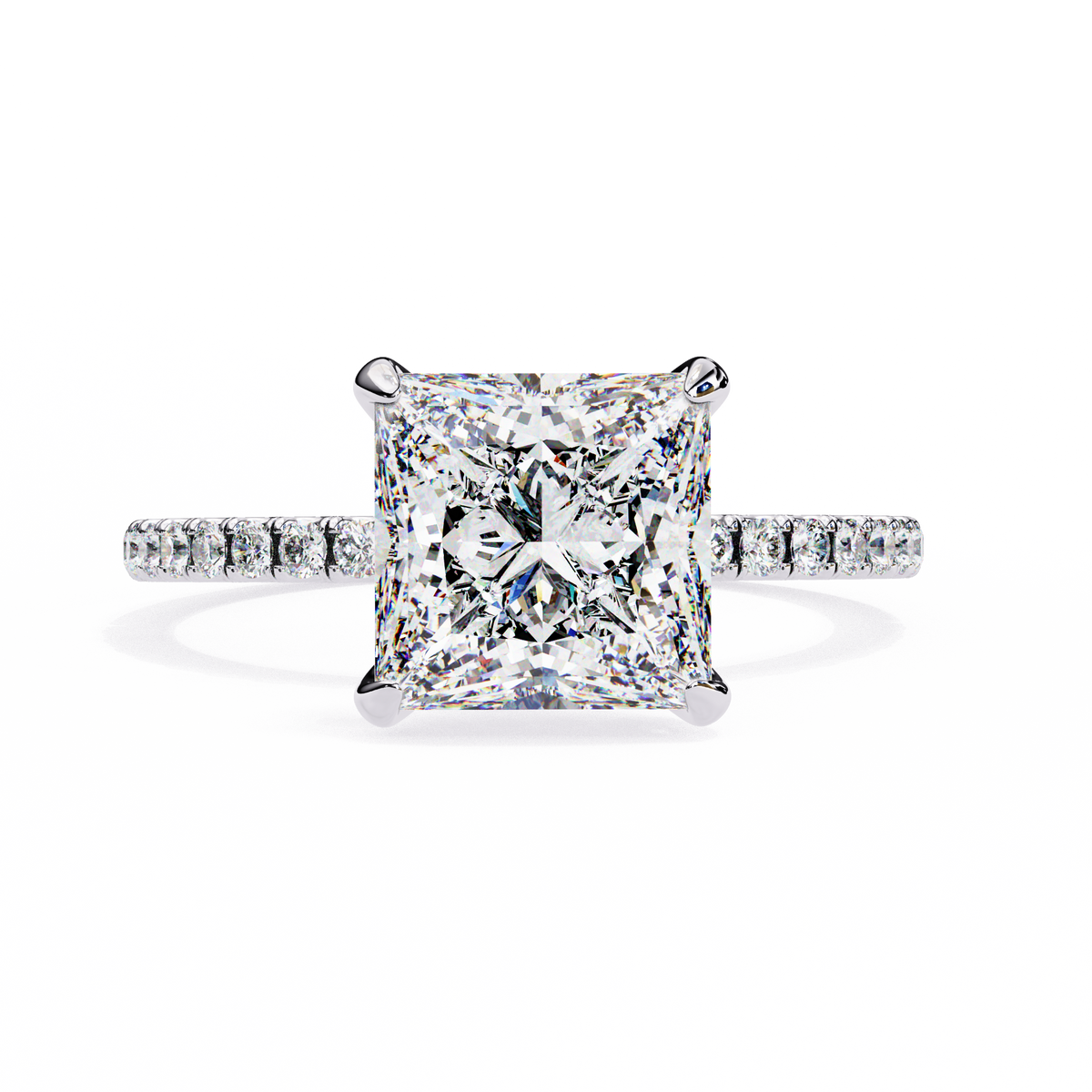 Diamond ring with a square-cut center stone on a white background