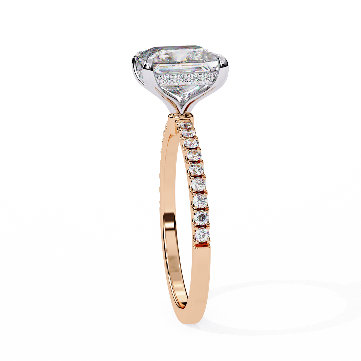 Rose gold ring with a large diamond and smaller diamonds on the band against a white background