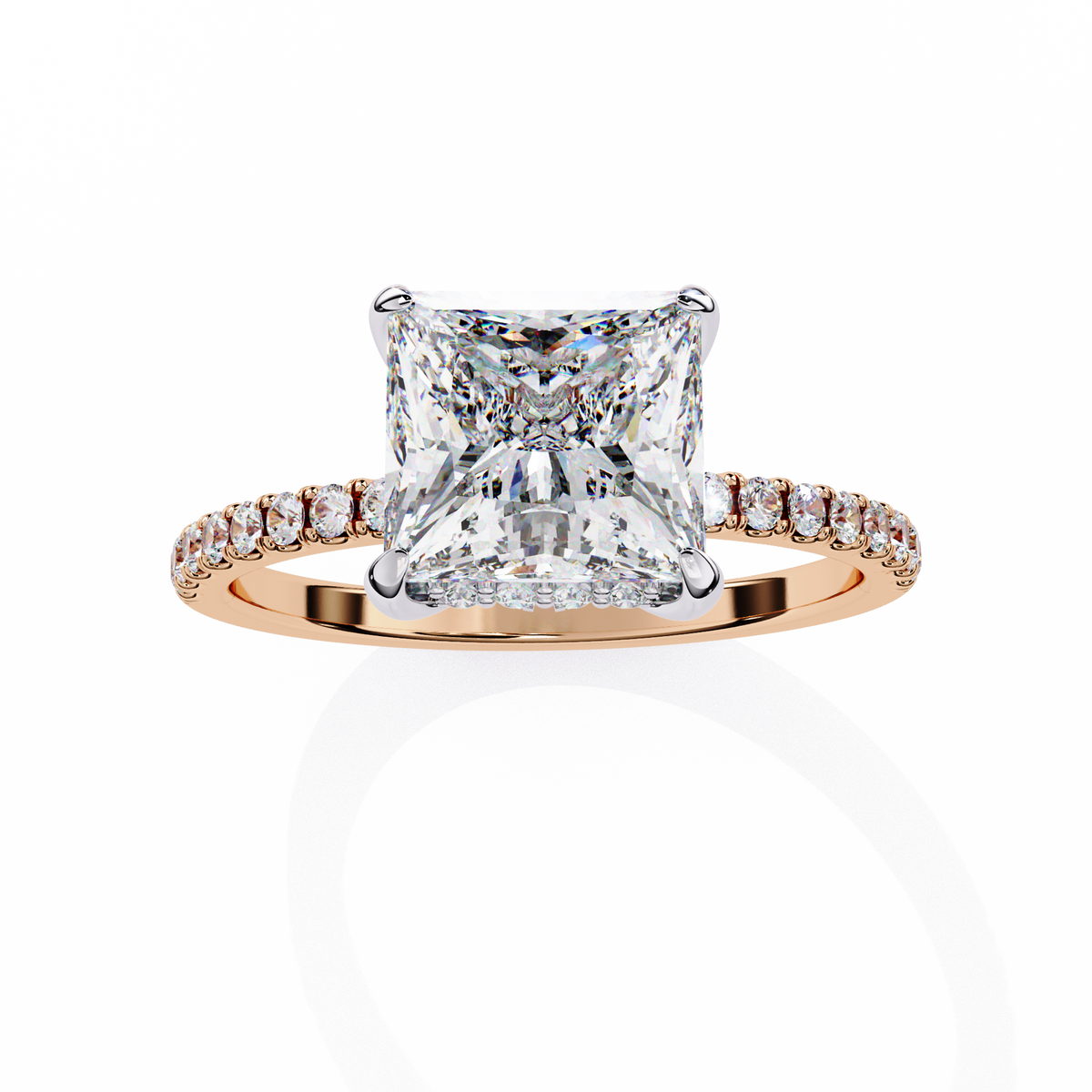 Rose gold ring with a large diamond and smaller diamonds on the band against a white background