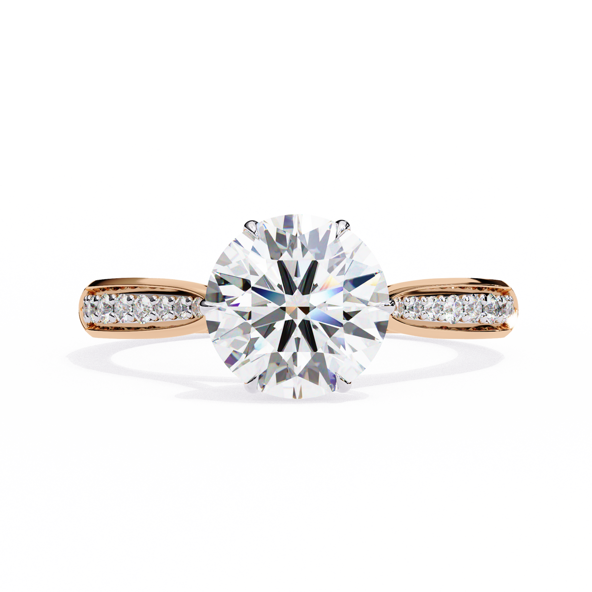 Rose gold ring with a large diamond and smaller diamonds on the band against a white background