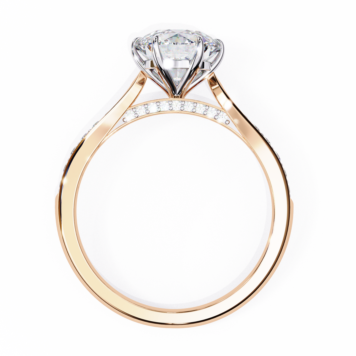 Rose gold ring with a diamond on a white background
