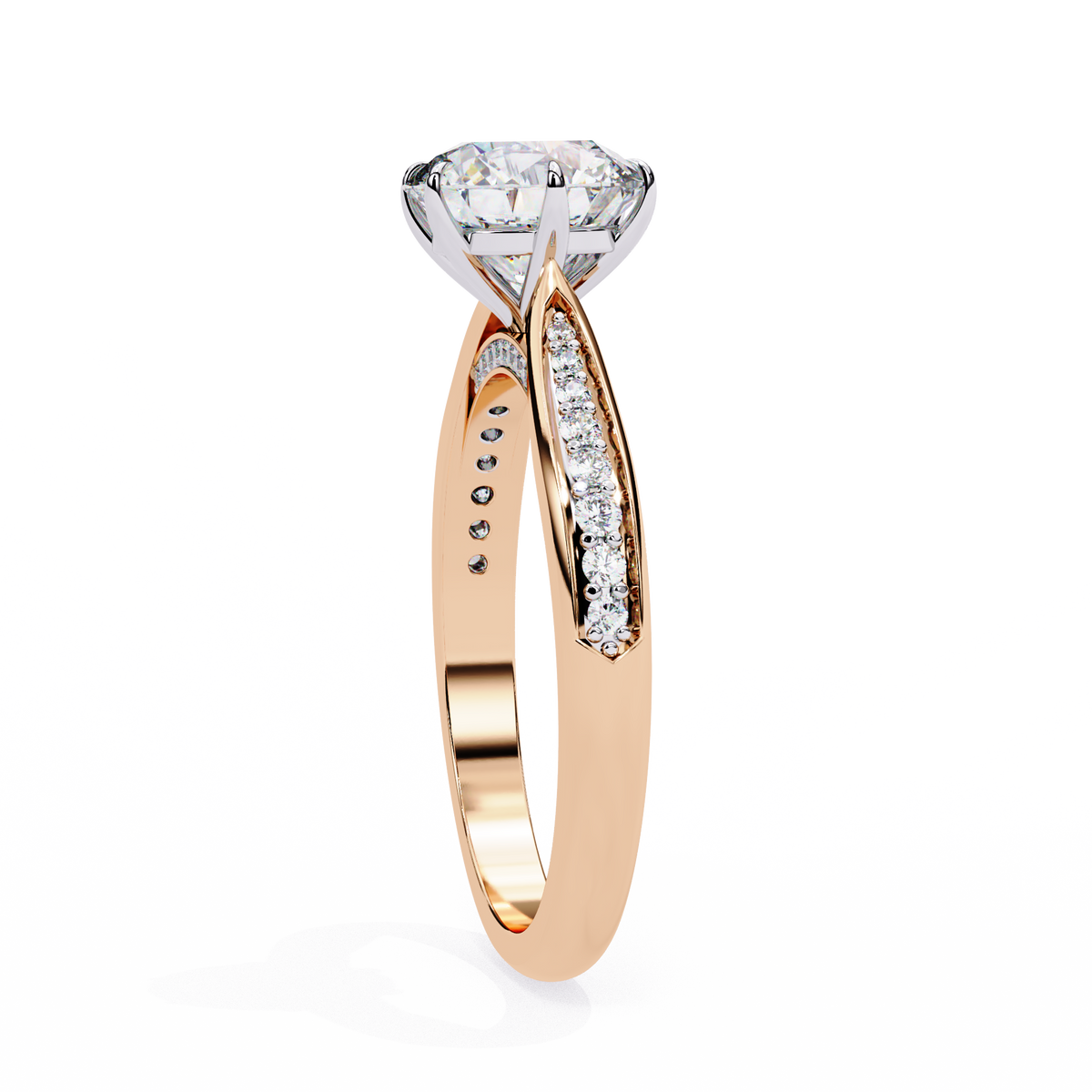 Rose gold ring with diamond accents on a white background