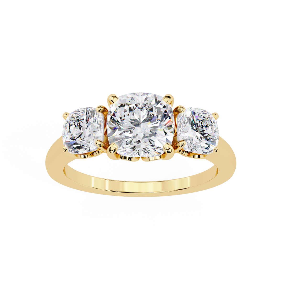 Gold ring with three diamonds on a white background
