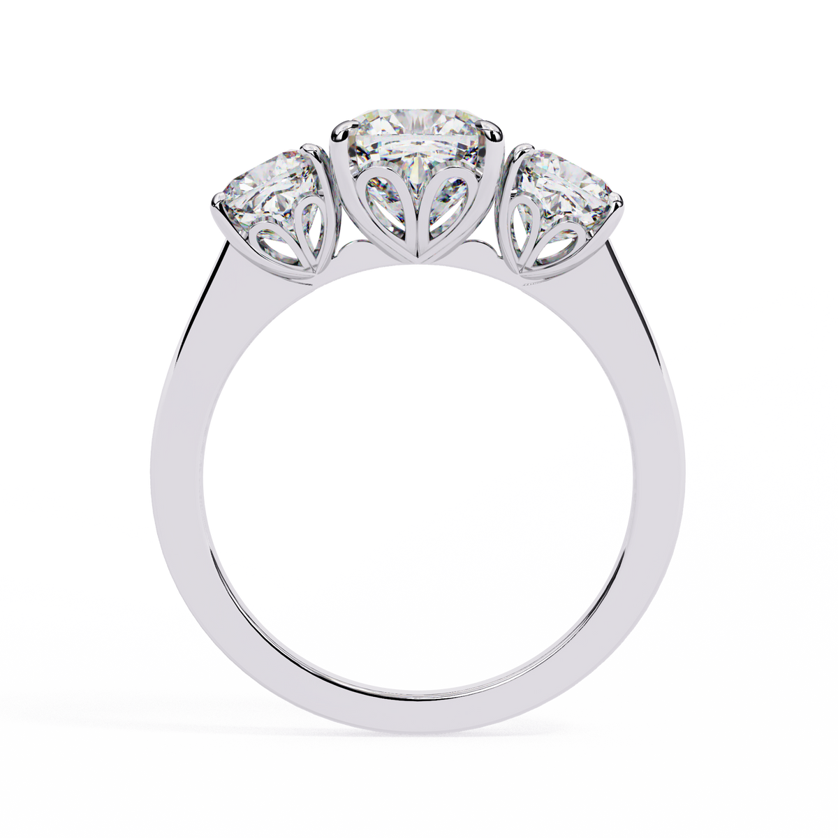 Diamond ring with three heart-shaped gemstones on a white background