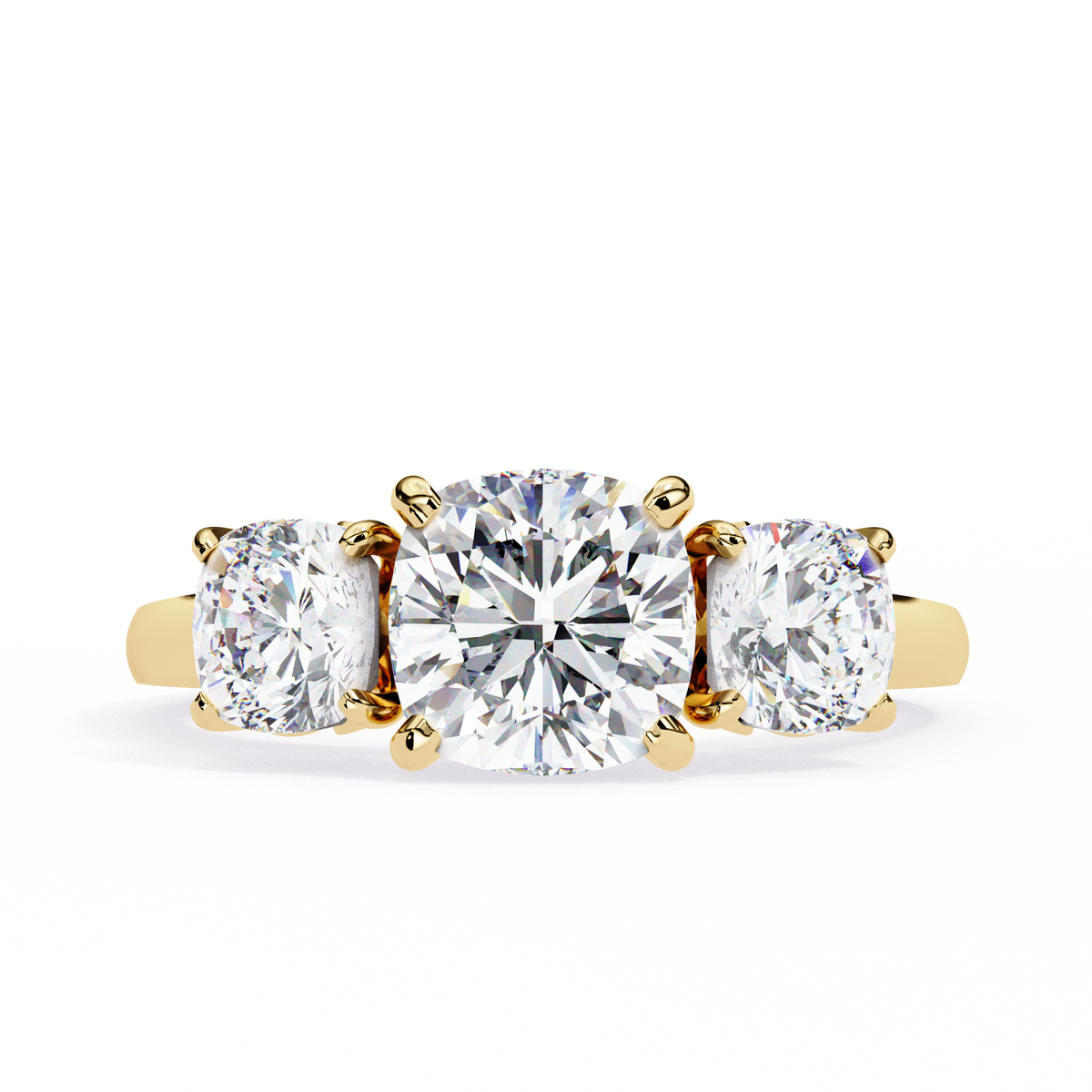Three-stone diamond ring with gold setting on a white background