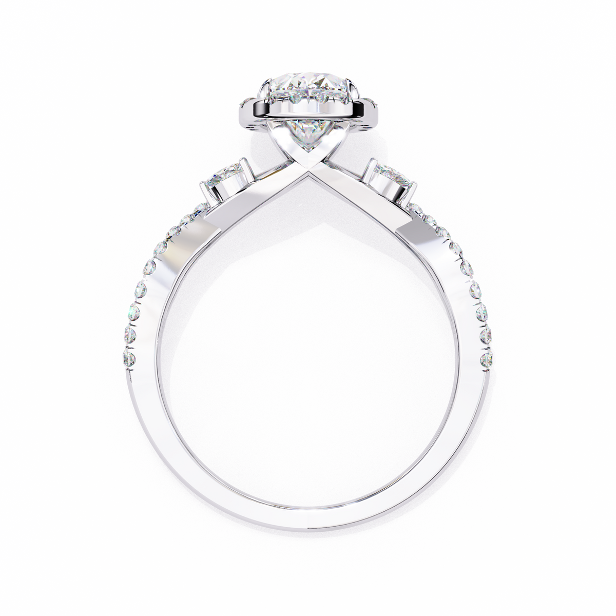 Silver ring with diamond accents on a white background