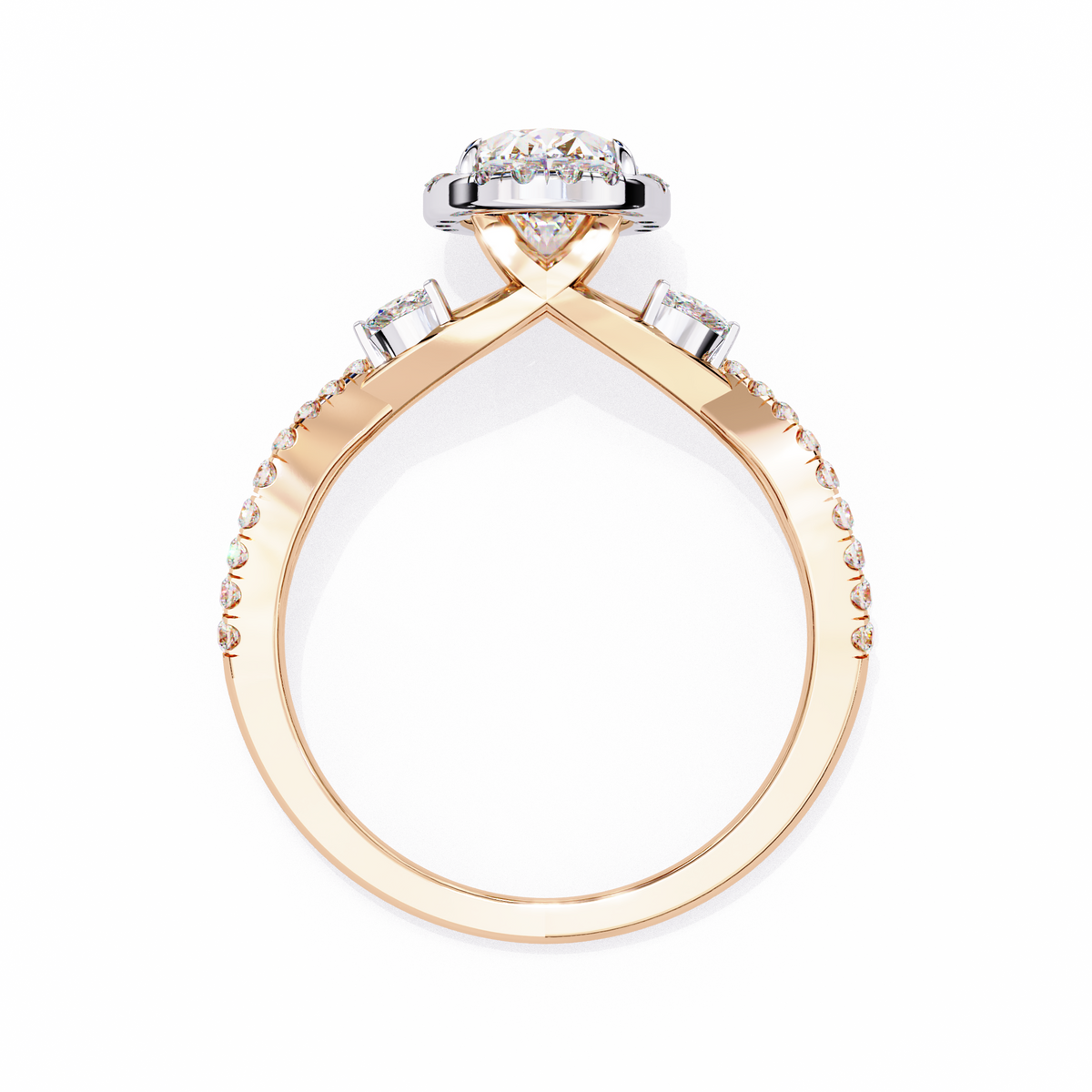 Gold ring with diamond accents on a white background