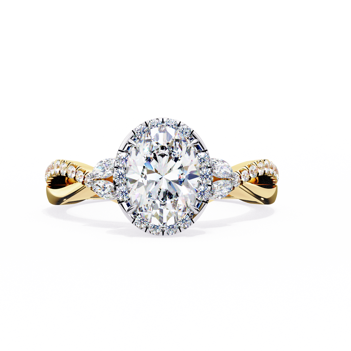 Gold ring with a large diamond on a white background