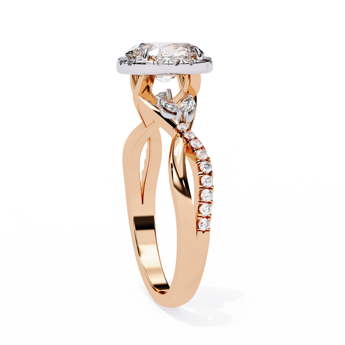 Rose gold ring with diamond accents on a white background