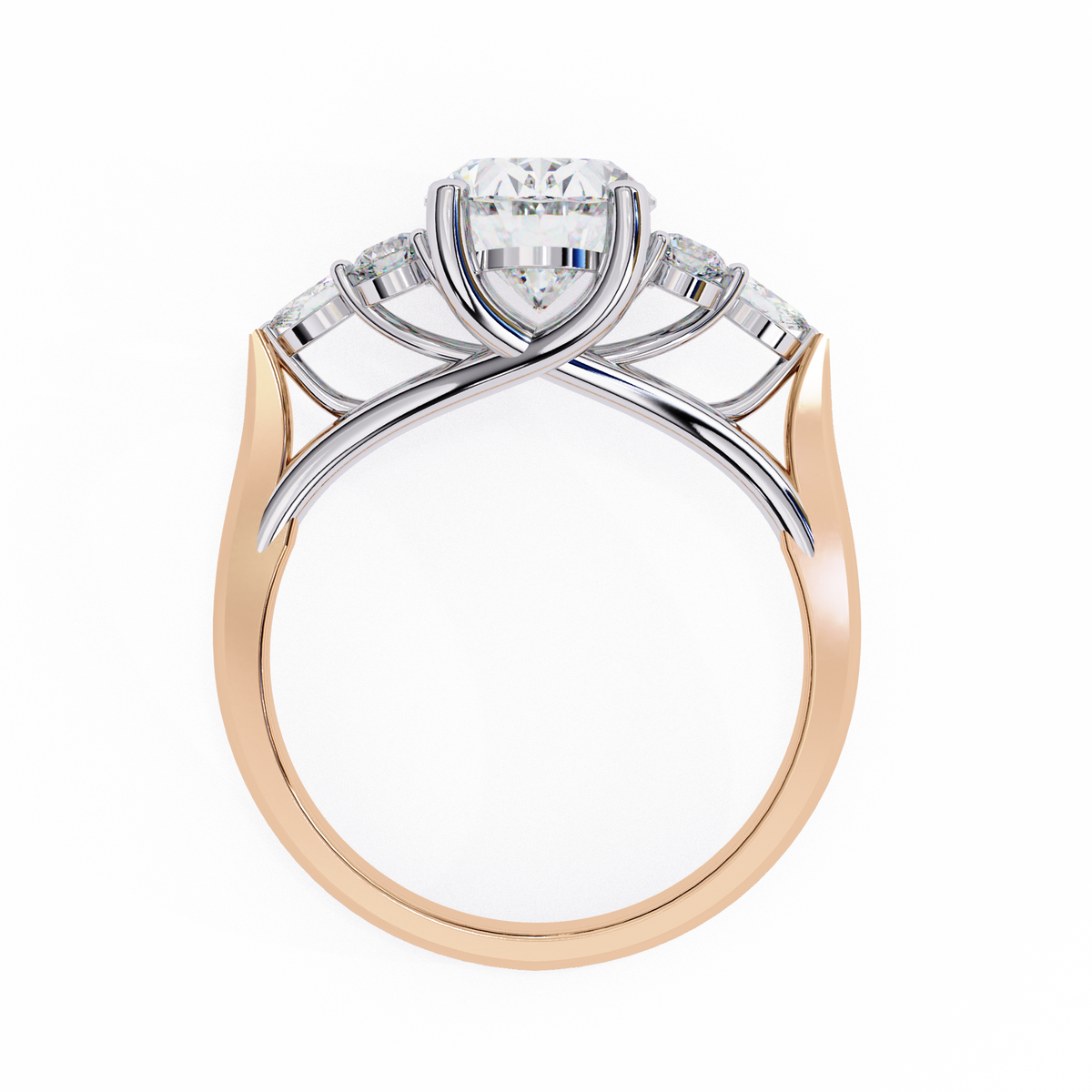 Two-tone diamond ring with rose gold and white gold on a white background