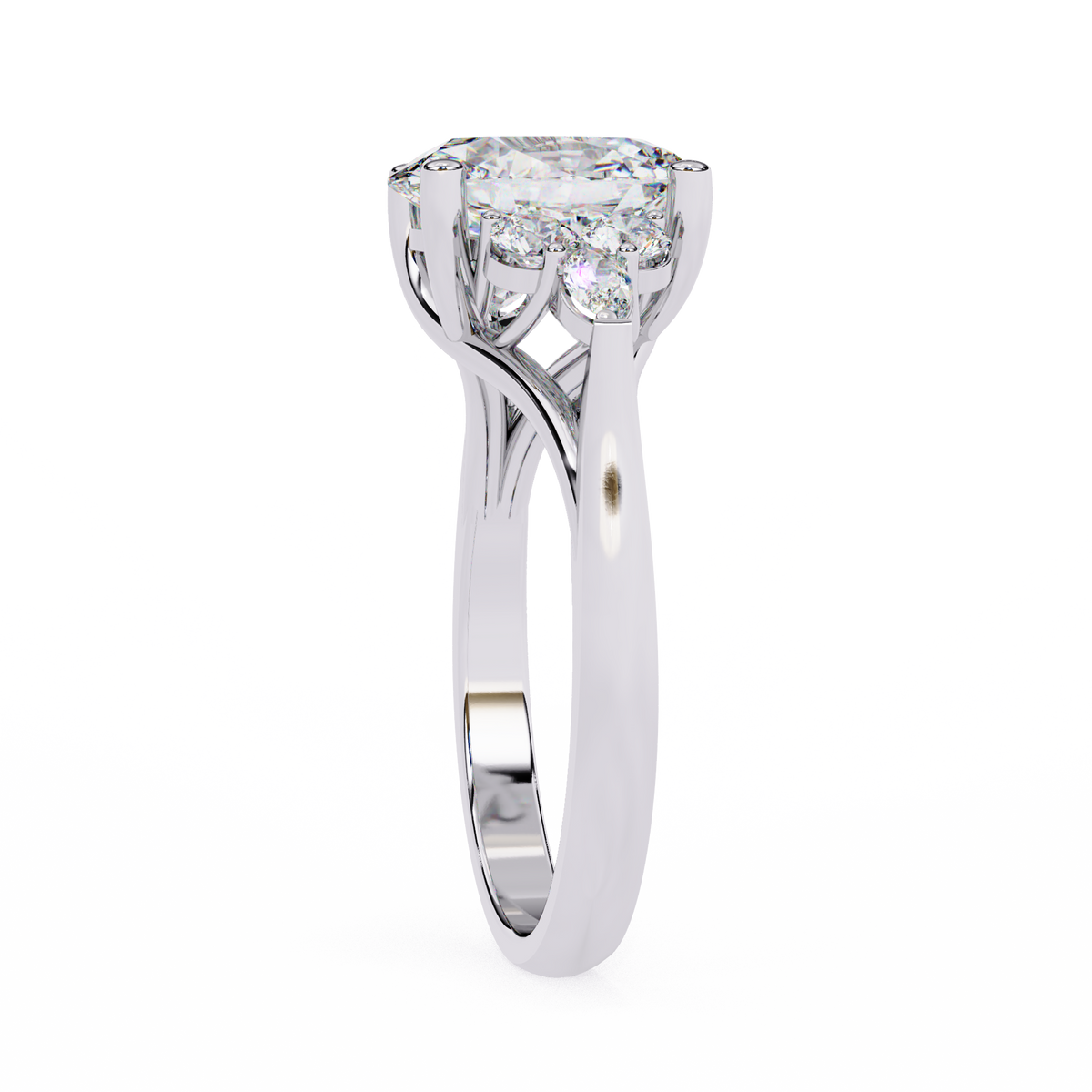 Diamond ring with a white gold band on a white background