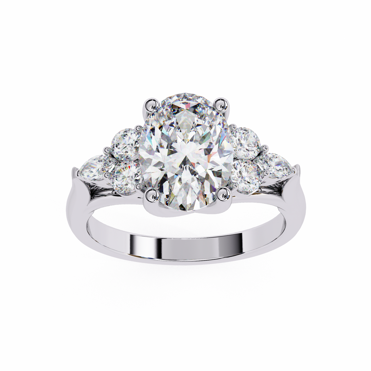 Diamond ring with three circular diamonds on a white background