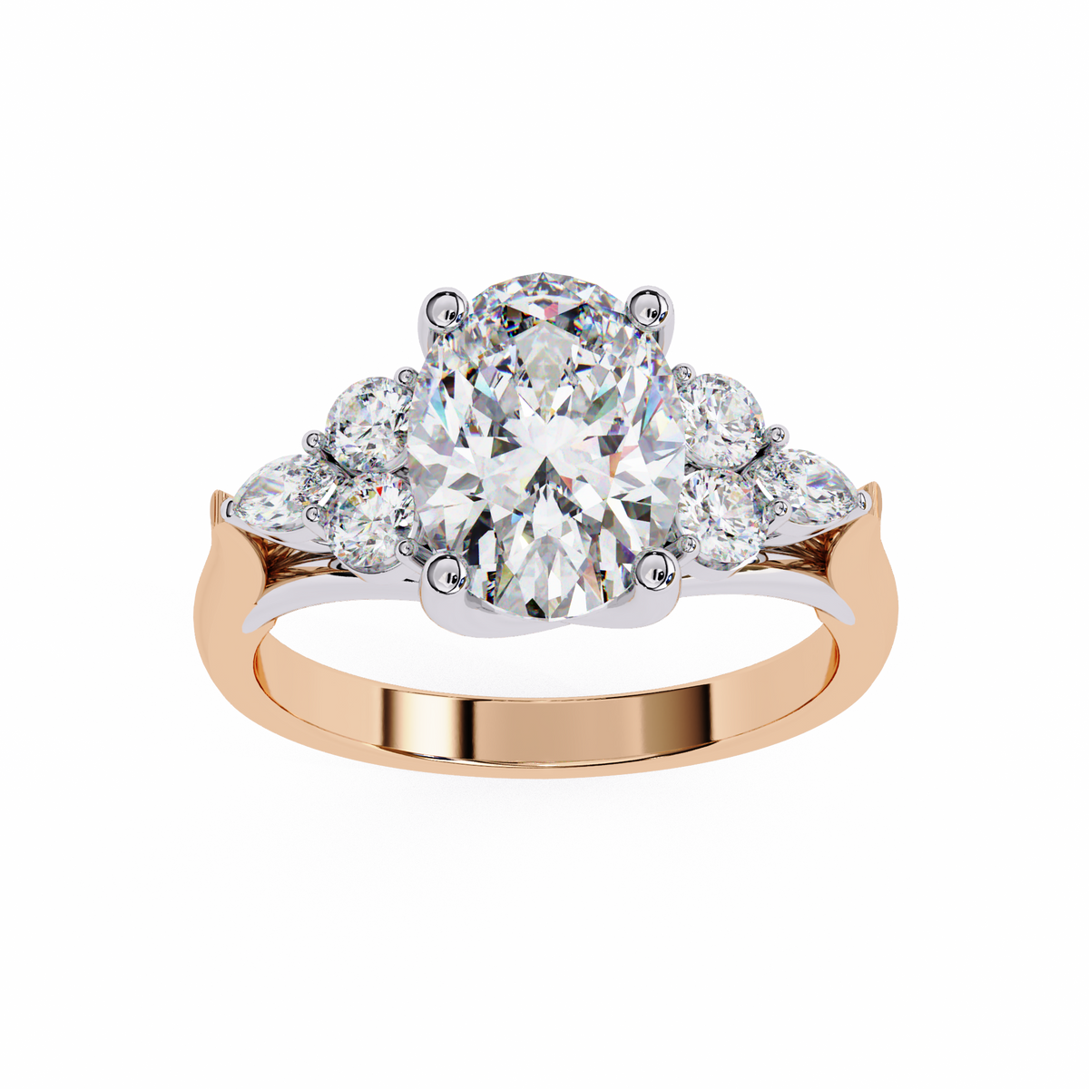 Rose gold ring with a large diamond and smaller diamonds on a white background