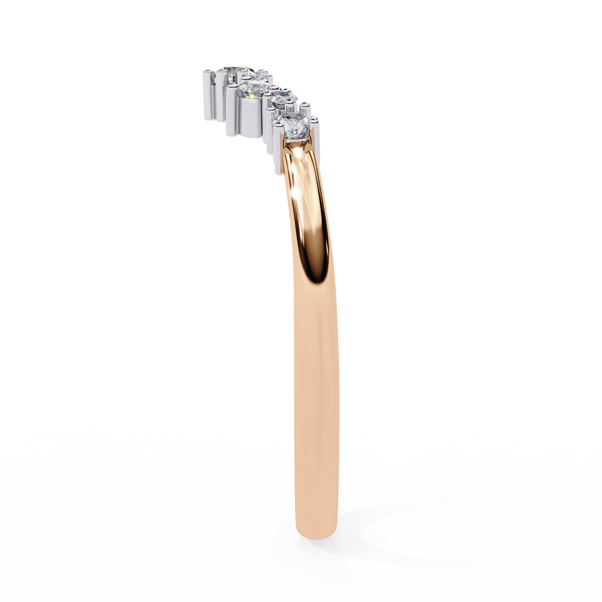 Rose gold ring with diamond accents on a white background