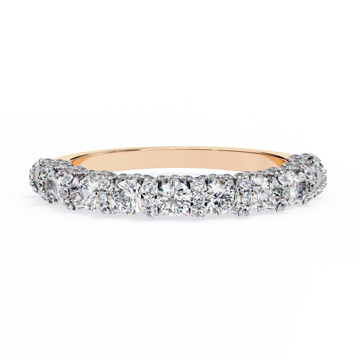 Rose gold ring with diamonds on a white background
