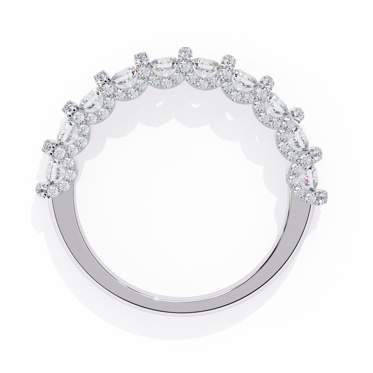 Silver ring with diamond accents on a white background