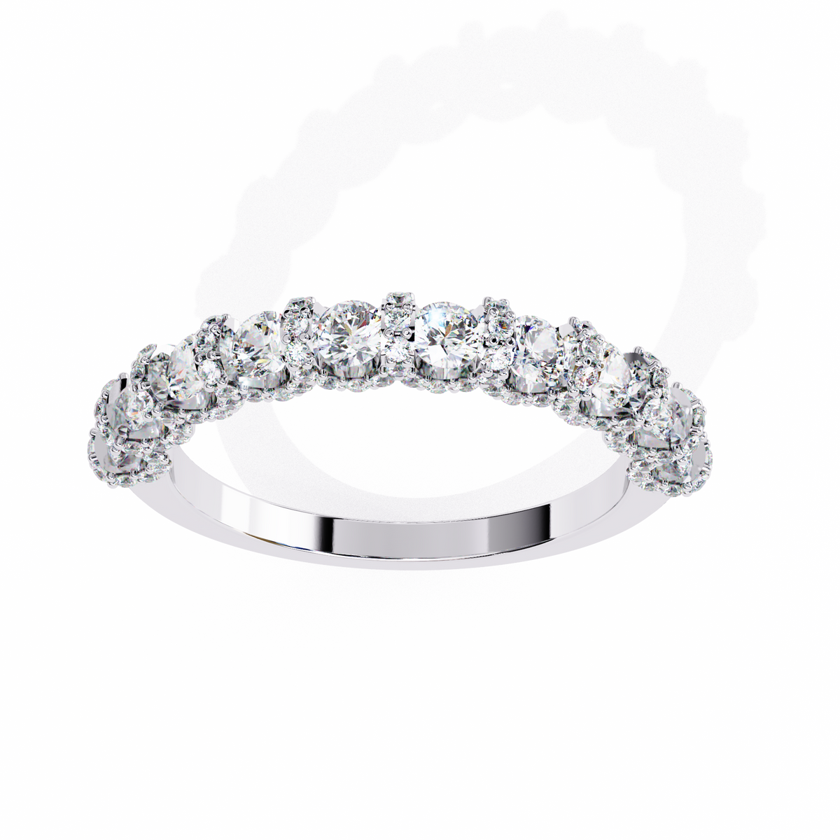 Silver ring with clear gemstones on a white background