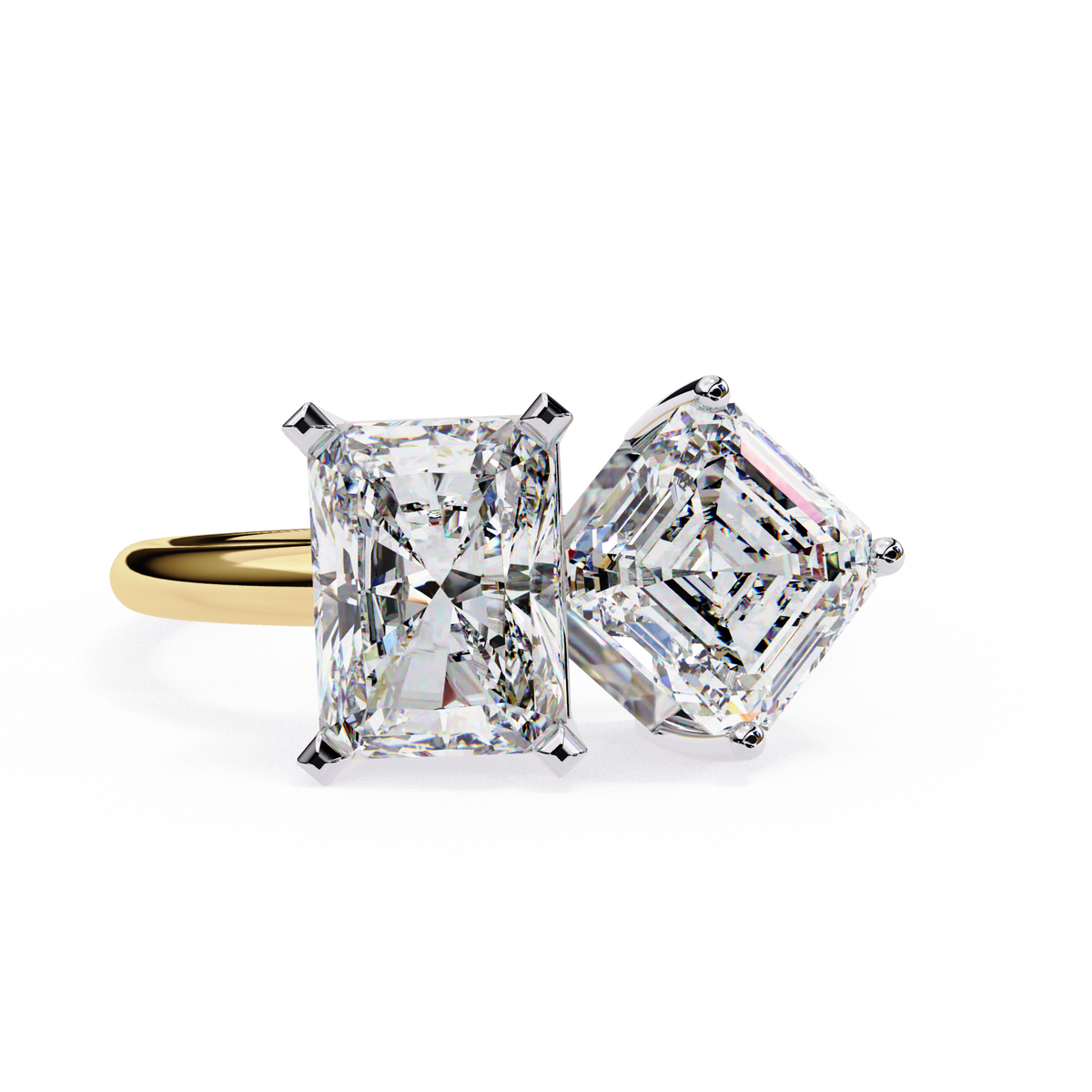 Diamond earrings with a gold setting on a white background