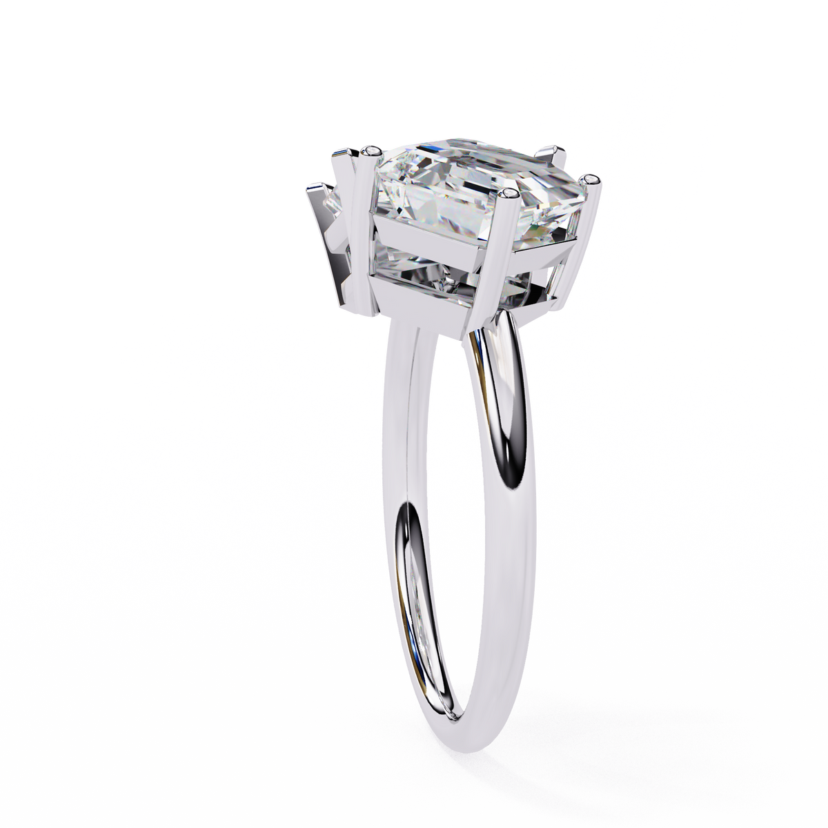 Diamond ring with a white gold band on a white background