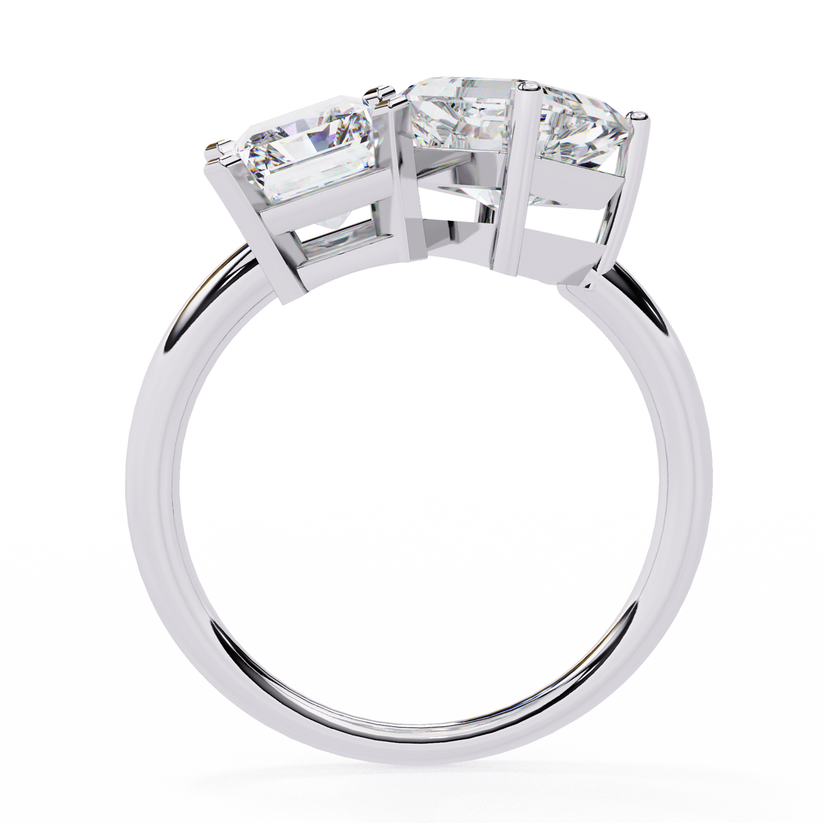 Silver ring with three diamond stones on a white background