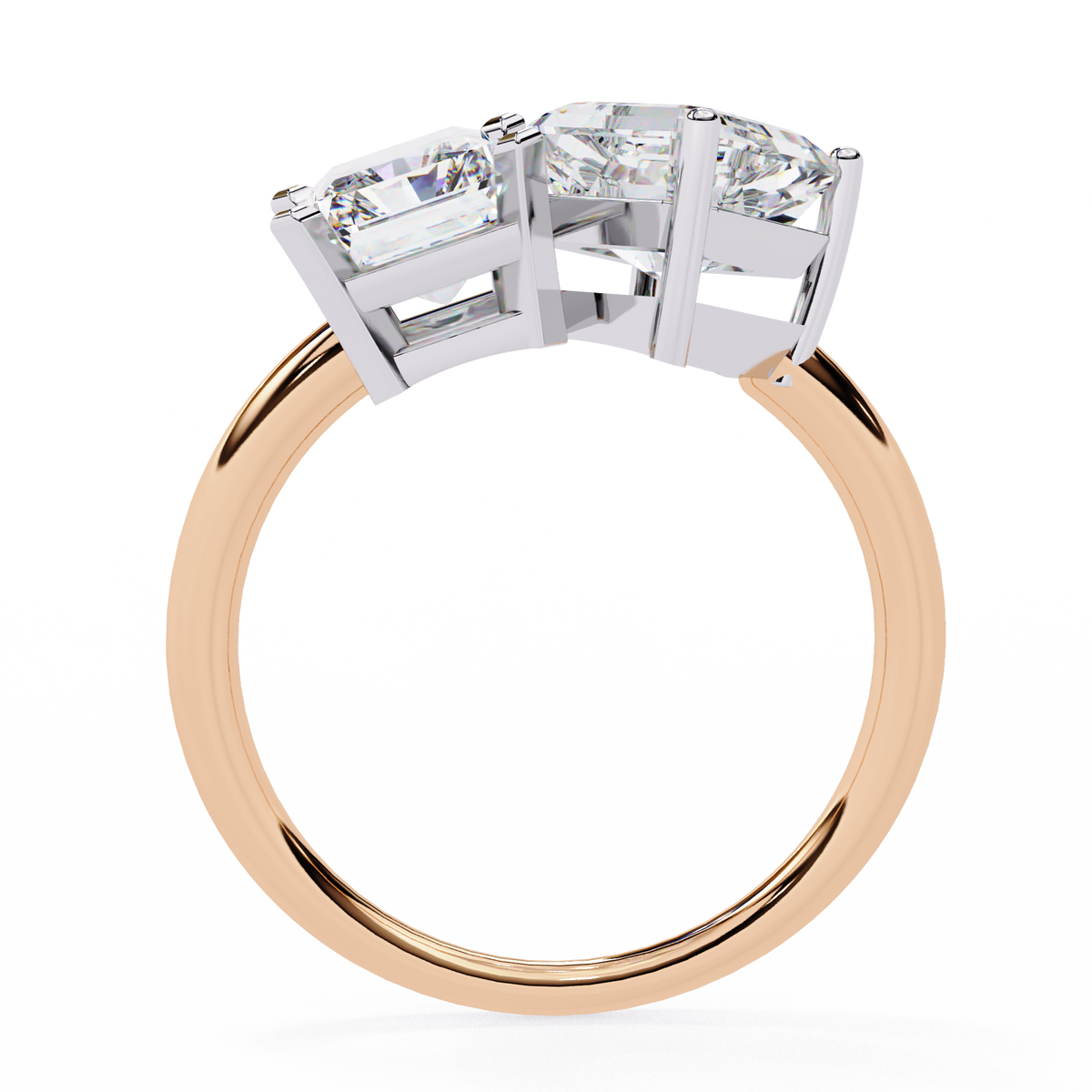 Rose gold ring with two diamond prongs on a white background