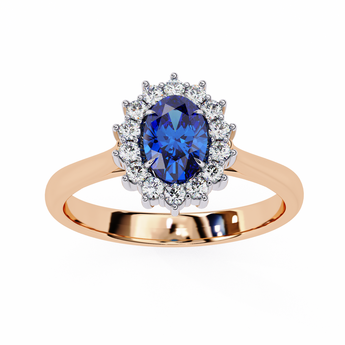 Rose gold ring with a blue gemstone and diamond halo on a white background