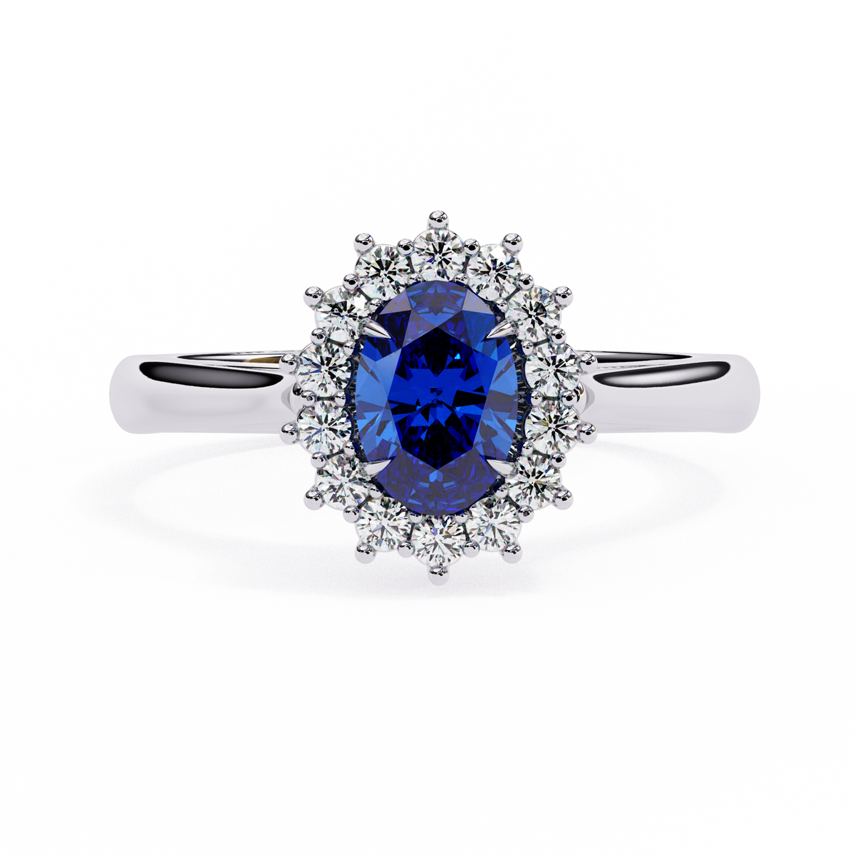 Ring with a blue gemstone and diamond halo on a white background