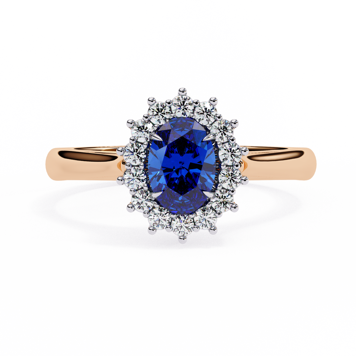 Rose gold ring with a blue gemstone and diamond halo on a white background