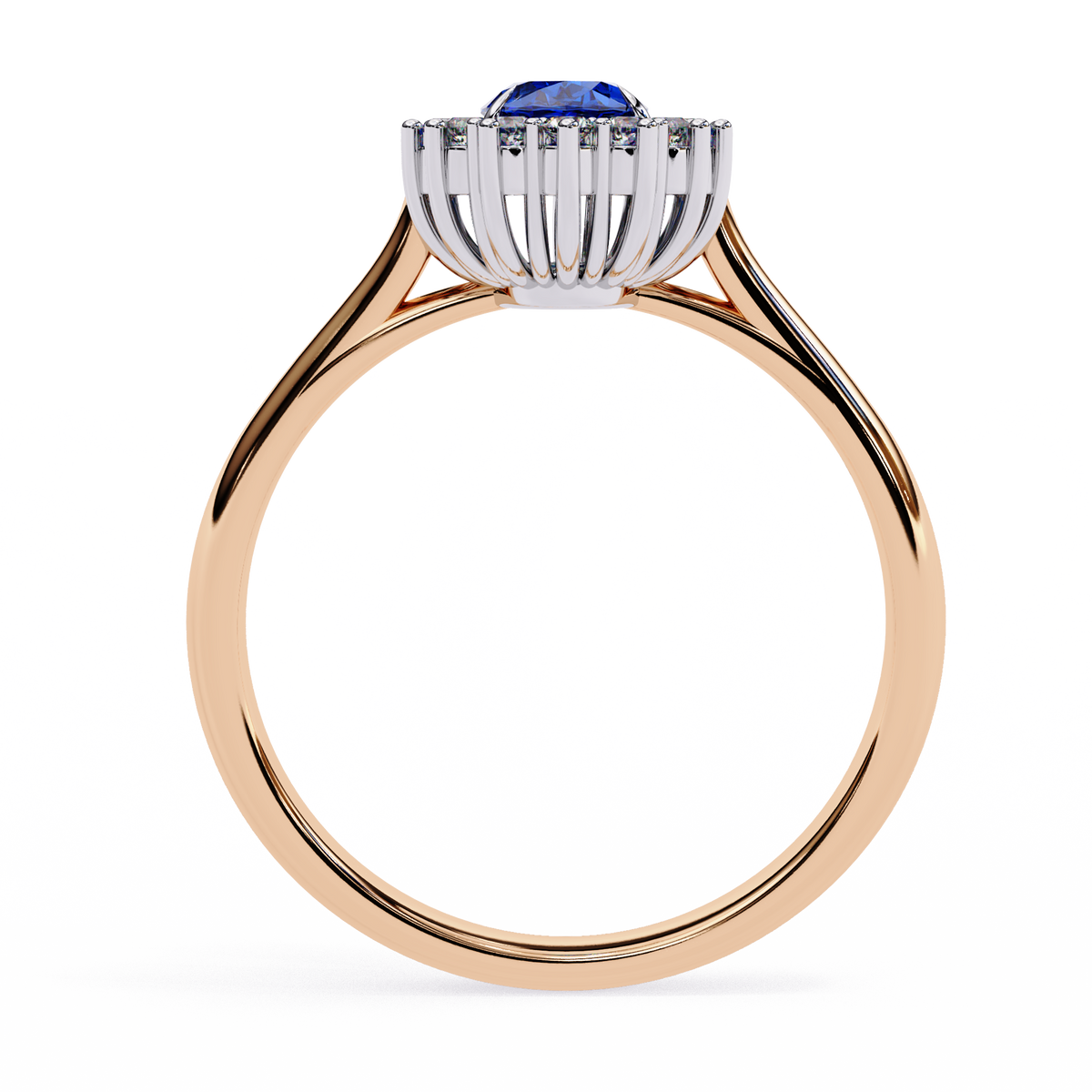 Rose gold ring with a blue gemstone and diamond accents on a white background