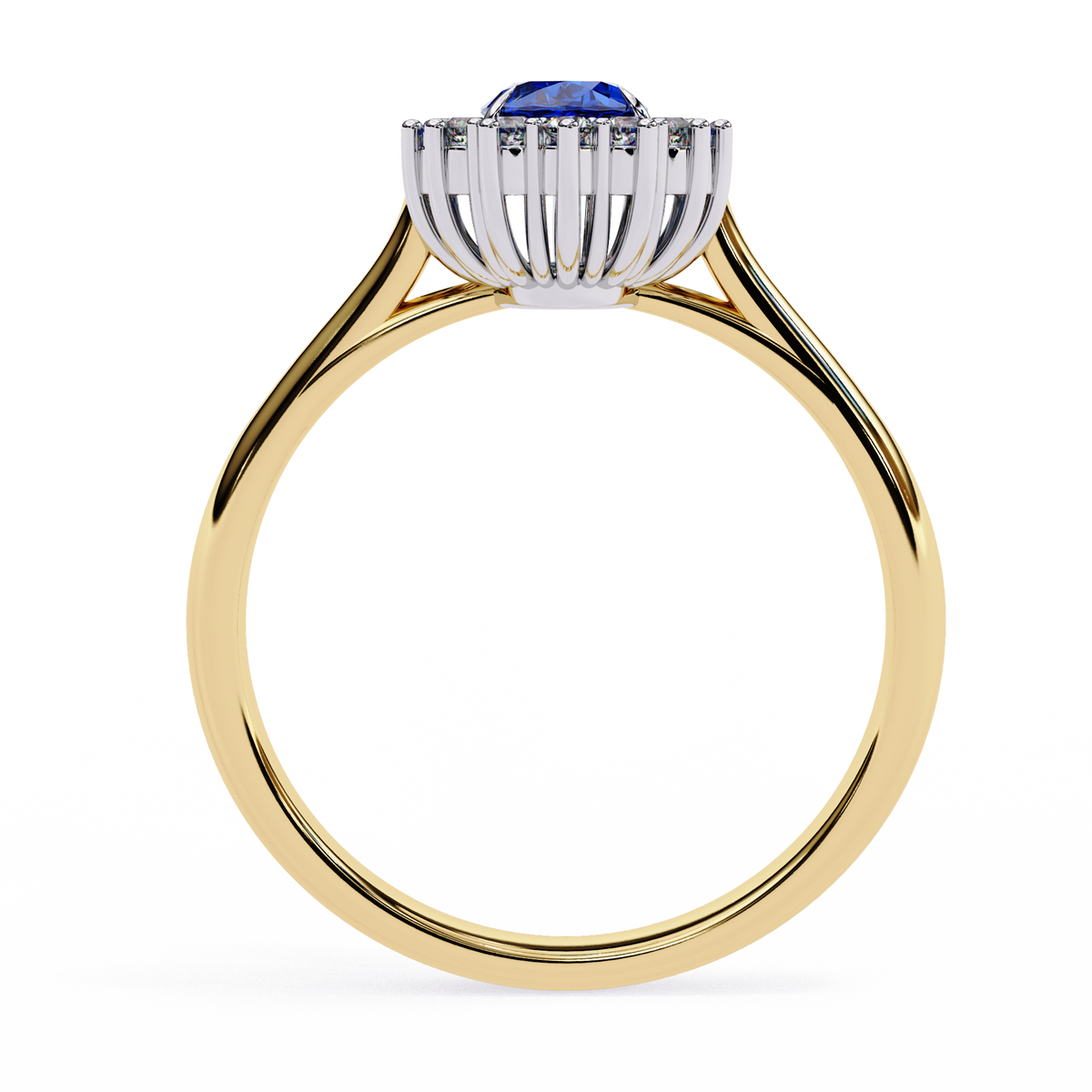 Gold ring with a blue gemstone and diamond-studded halo on a white background