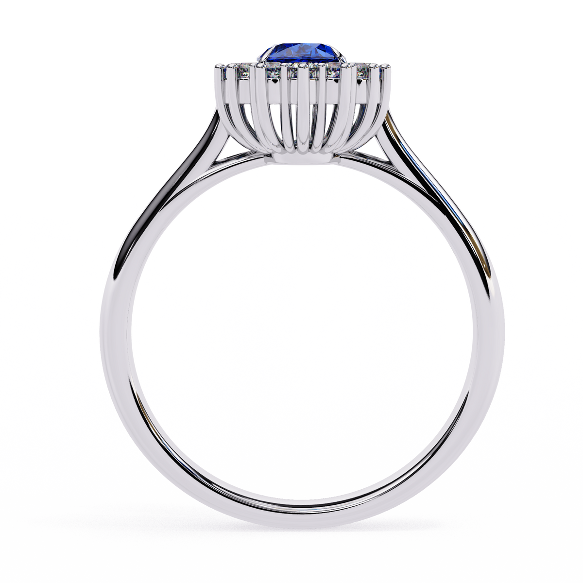 Elegant ring with a blue gemstone and diamond-studded halo on a white background