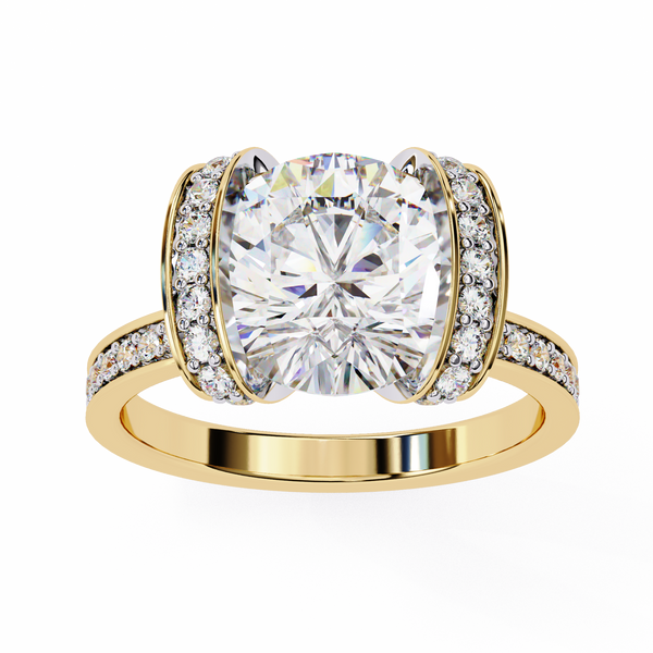 Gold ring with a large diamond and smaller diamonds on the band against a white background