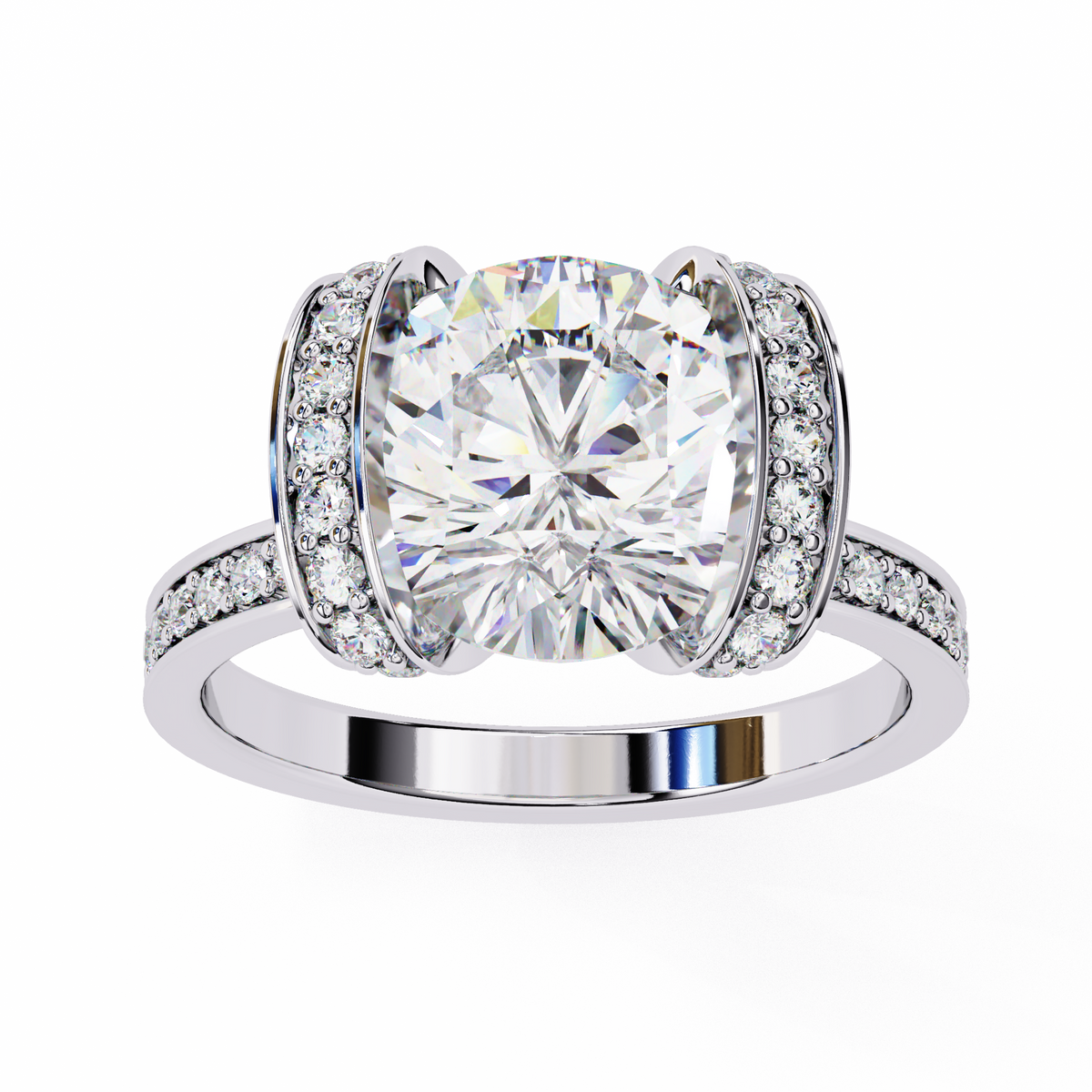 Diamond ring with a large central gemstone and smaller stones on a white background
