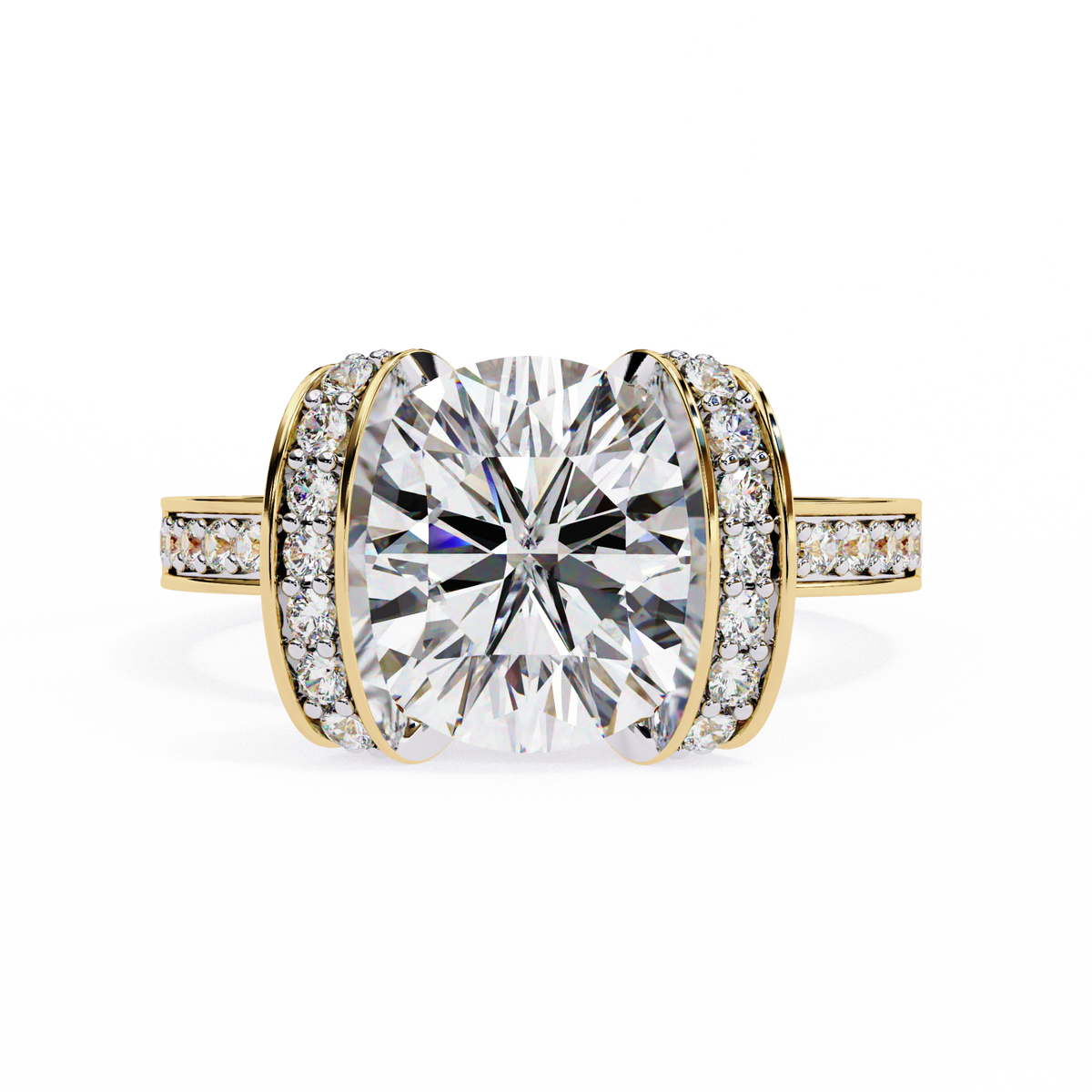 Gold ring with a large diamond and smaller diamonds on the band against a white background